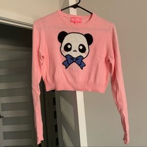 Sugar Thrillz Pink Panda Cropped Sweater with Blue Bow